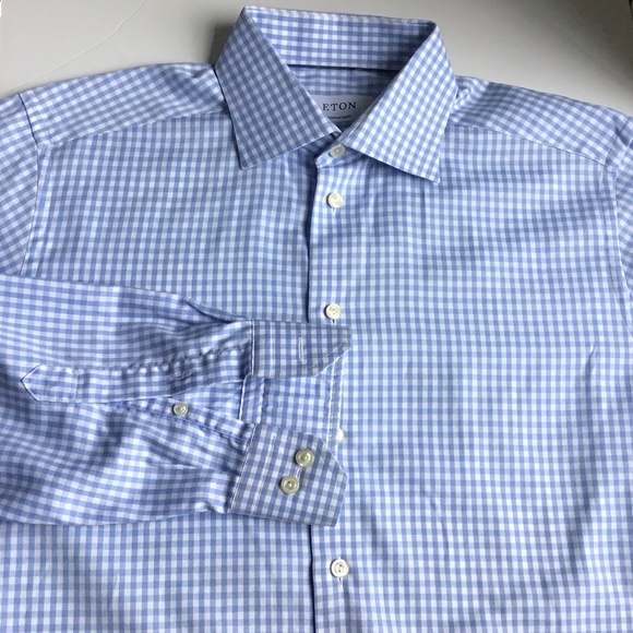 ETON  light blue nice checkered dress cotton shirt Sz 16 made in Romania  🇷🇴 - Picture 6 of 10